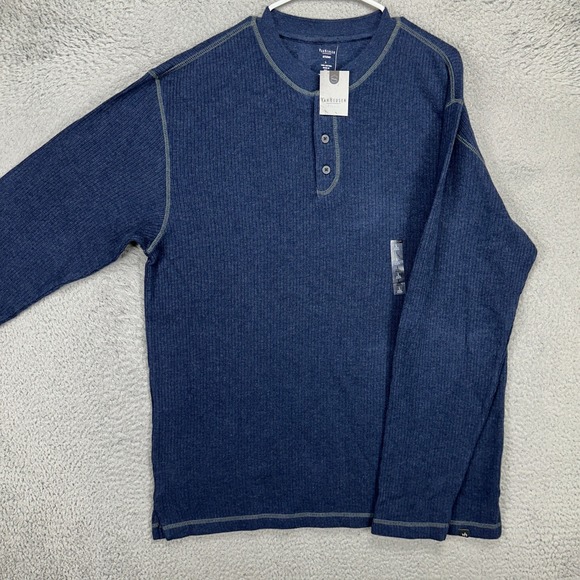 Van Heusen Studio Mens Ribbed Henley Shirt Large Navy Blue Long Sleeve Tee NEW